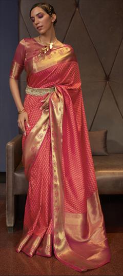 Festive, Traditional Orange color Saree in Silk fabric with South Weaving work : 1833809