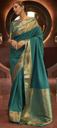 Festive, Traditional Green color Saree in Silk fabric with South Weaving work : 1833811