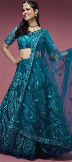 Engagement, Reception, Wedding Blue color Lehenga in Net fabric with A Line Embroidered work : 1833842