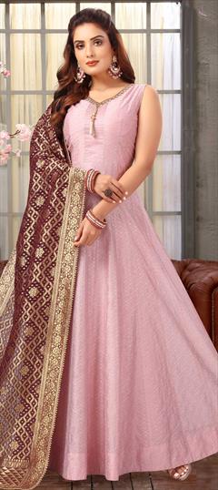 Festive, Party Wear, Reception Pink and Majenta color Salwar Kameez in Silk fabric with Anarkali Embroidered, Sequence, Thread work : 1833966