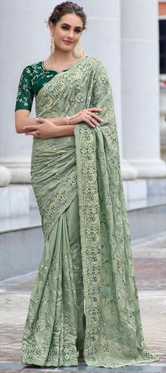 Festive, Party Wear Green color Saree in Georgette fabric with Classic Embroidered, Resham, Thread work : 1834040
