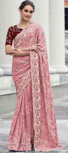 Festive, Party Wear Pink and Majenta color Saree in Georgette fabric with Classic Embroidered, Resham, Thread work : 1834042