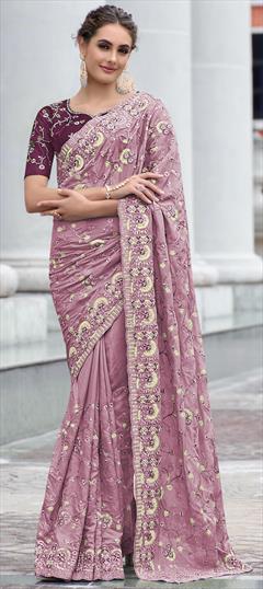 Festive, Party Wear Pink and Majenta color Saree in Georgette fabric with Classic Embroidered, Resham, Thread work : 1834044