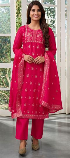 Festive, Mehendi Sangeet, Reception Pink and Majenta color Salwar Kameez in Brocade fabric with Straight Weaving work : 1834234