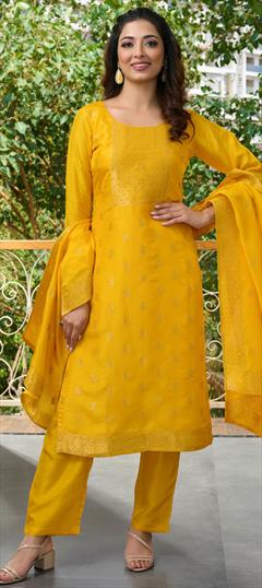 Festive, Mehendi Sangeet, Reception Yellow color Salwar Kameez in Brocade fabric with Straight Weaving, Zari work : 1834237