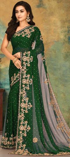 Reception, Wedding Green color Saree in Georgette fabric with Classic Cut Dana, Stone work : 1834311