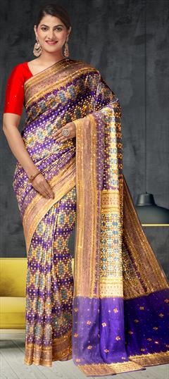 Reception, Traditional, Wedding Purple and Violet color Saree in Kanchipuram Silk, Silk fabric with South Stone, Weaving work : 1834316
