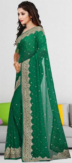 Reception, Wedding Green color Saree in Georgette fabric with Classic Stone work : 1834319