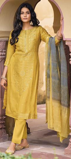 Festive Yellow color Salwar Kameez in Silk fabric with Straight Printed, Sequence work : 1834370