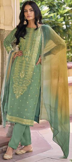 Festive Green color Salwar Kameez in Silk fabric with Straight Printed, Sequence work : 1834373