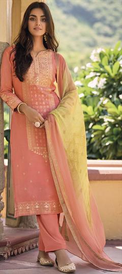 Festive Orange color Salwar Kameez in Silk fabric with Straight Printed, Sequence work : 1834374