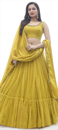 Mehendi Sangeet, Reception, Wedding Yellow color Lehenga in Net fabric with A Line Bugle Beads, Printed, Thread work : 1834377