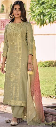 Festive Green color Salwar Kameez in Silk fabric with Straight Printed, Sequence work : 1834378