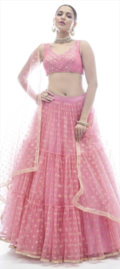 Mehendi Sangeet, Reception, Wedding Pink and Majenta color Lehenga in Net fabric with A Line Bugle Beads, Printed, Thread work : 1834384