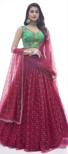 Mehendi Sangeet, Reception, Wedding Red and Maroon color Lehenga in Net fabric with A Line Bugle Beads, Printed, Thread work : 1834386
