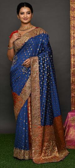 Festive, Traditional Blue color Saree in Raw Silk fabric with Classic Stone, Weaving work : 1834451