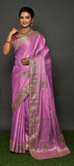 Festive, Traditional Pink and Majenta color Saree in Raw Silk fabric with Classic Stone, Weaving work : 1834457