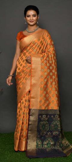 Festive, Traditional Yellow color Saree in Raw Silk fabric with Classic Stone, Weaving work : 1834463
