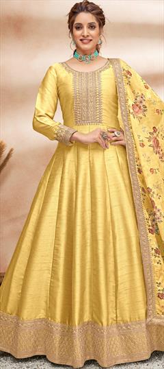 Festive, Party Wear, Wedding Yellow color Salwar Kameez in Art Silk fabric with Anarkali Embroidered, Floral, Printed, Zari work : 1834563