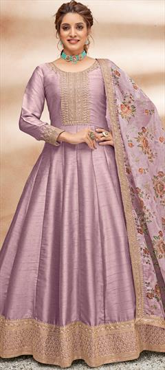 Festive, Party Wear, Wedding Purple and Violet color Salwar Kameez in Art Silk fabric with Anarkali Embroidered, Floral, Printed, Zari work : 1834566