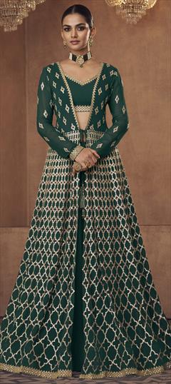 Mehendi Sangeet, Party Wear, Reception Green color Long Lehenga Choli in Georgette fabric with Sequence, Thread, Zari work : 1834665