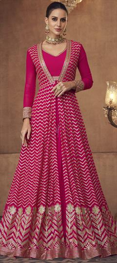 Mehendi Sangeet, Party Wear, Reception Pink and Majenta color Long Lehenga Choli in Georgette fabric with Sequence, Thread, Zari work : 1834667
