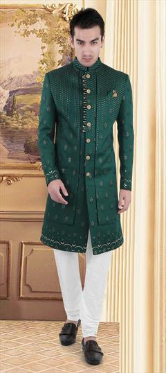 Blue color Sherwani in Brocade fabric with Embroidered, Resham, Sequence work : 1834672