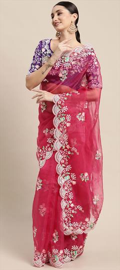 Party Wear Pink and Majenta color Saree in Organza Silk fabric with Classic Embroidered work : 1834747