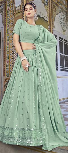 Mehendi Sangeet, Party Wear, Reception Green color Lehenga in Georgette fabric with A Line Embroidered, Sequence work : 1834808
