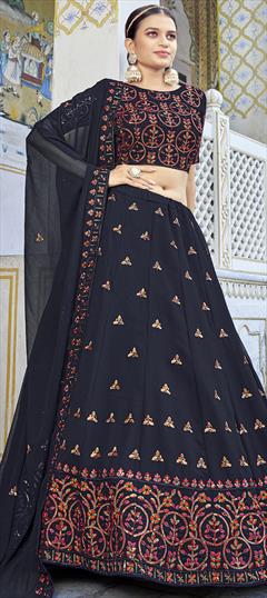 Mehendi Sangeet, Party Wear, Reception Black and Grey color Lehenga in Georgette fabric with A Line Embroidered, Sequence work : 1834816