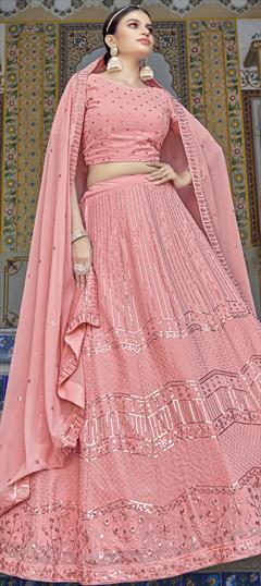 Mehendi Sangeet, Party Wear, Reception Pink and Majenta color Lehenga in Georgette fabric with A Line Embroidered, Sequence work : 1834818
