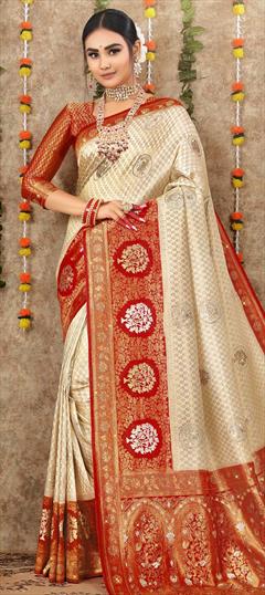 Reception, Traditional, Wedding White and Off White color Saree in Brocade fabric with South Stone, Weaving, Zari work : 1834926