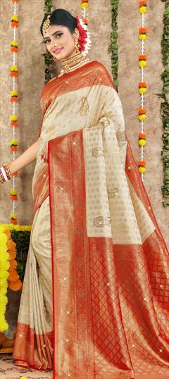 Reception, Traditional, Wedding White and Off White color Saree in Brocade fabric with South Stone, Weaving work : 1834927