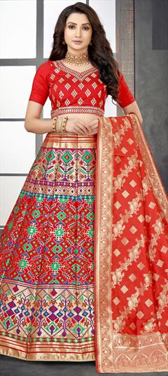 Mehendi Sangeet, Reception Gold, Red and Maroon color Lehenga in Banarasi Silk fabric with A Line Weaving work : 1834997