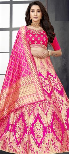 Mehendi Sangeet, Reception Pink and Majenta color Lehenga in Banarasi Silk fabric with A Line Weaving work : 1834999