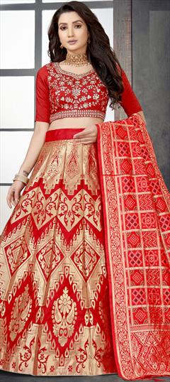 Mehendi Sangeet, Reception Red and Maroon color Lehenga in Banarasi Silk fabric with A Line Weaving work : 1835003