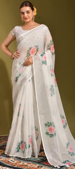 Casual White and Off White color Saree in Linen fabric with Classic Digital Print work : 1835090