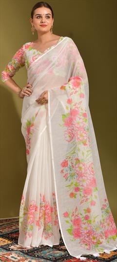Casual White and Off White color Saree in Linen fabric with Classic Digital Print work : 1835095