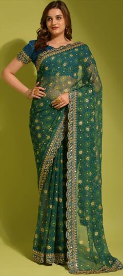 Festive Green color Saree in Georgette fabric with Classic Border, Embroidered, Printed work : 1835097