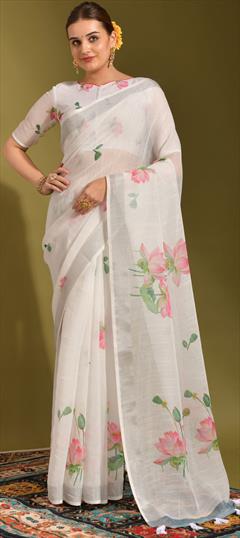 Casual White and Off White color Saree in Linen fabric with Classic Digital Print work : 1835099