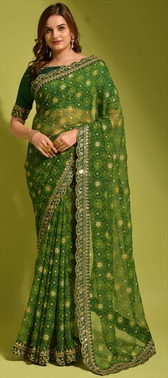 Festive Green color Saree in Georgette fabric with Classic Border, Embroidered, Printed work : 1835104