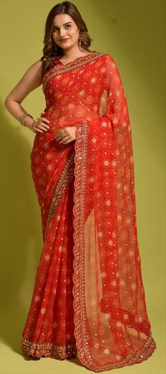 Festive Orange color Saree in Georgette fabric with Classic Border, Embroidered, Printed work : 1835106