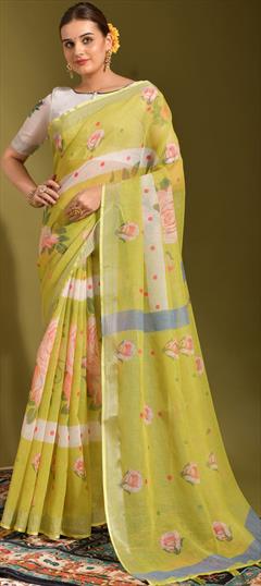 Casual Yellow color Saree in Linen fabric with Classic Printed work : 1835108
