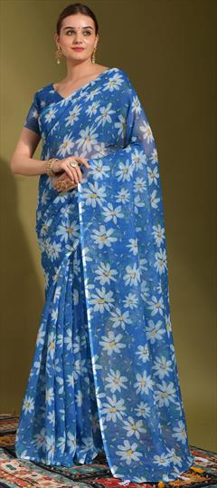Casual Blue color Saree in Linen fabric with Classic Printed work : 1835146