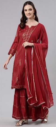 Festive, Party Wear Red and Maroon color Salwar Kameez in Cotton fabric with Straight Foil Print, Gota Patti work : 1835148