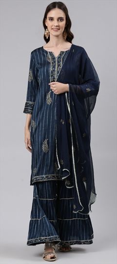 Festive, Party Wear Blue color Salwar Kameez in Cotton fabric with Straight Foil Print, Gota Patti work : 1835149