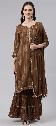 Festive, Party Wear Beige and Brown color Salwar Kameez in Cotton fabric with Straight Foil Print, Gota Patti work : 1835151