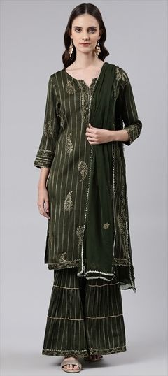 Festive, Party Wear Green color Salwar Kameez in Cotton fabric with Straight Foil Print, Gota Patti work : 1835152