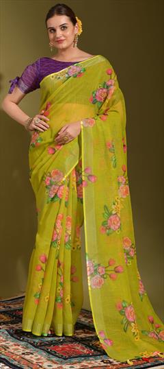 Casual Yellow color Saree in Linen fabric with Classic Printed work : 1835157