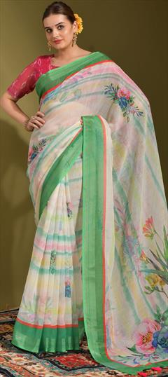 Casual White and Off White color Saree in Linen fabric with Classic Printed work : 1835160